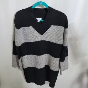 Top Shop Chunky V-Neck Stripe Sweater Dress Black & Gray, Size XS - Fits Larger